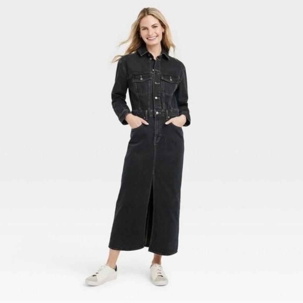Universal Thread Black Denim Long Sleeve Maxi Dress w/ Pockets, Size 00